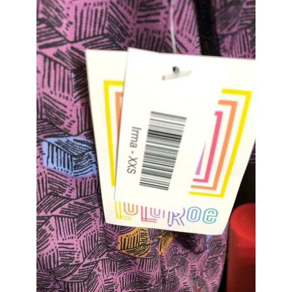 LuLaRoe Irma XXS Purple Geometric Print Short Sleeve Tunic Top Hi Low Hem - Picture 5 of 10